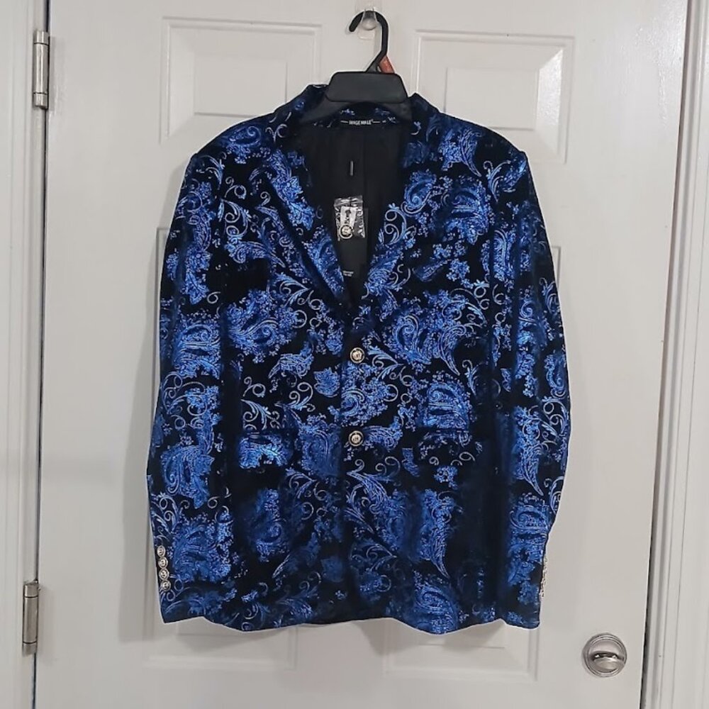 Mage Male  Baroque Black Velvet Blue Paisley Notched Lapel Slim Fit Jacket